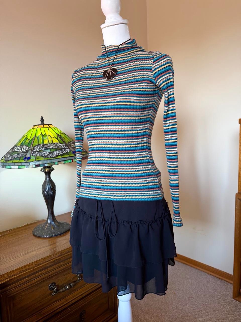Vintage 90s Striped Turtleneck Top With Horizontal Stripes In Teal Blue — image 5 of 8